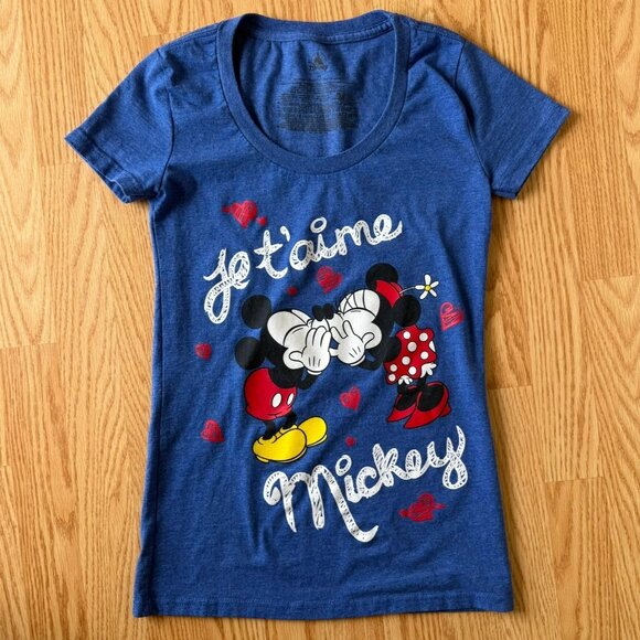 Disney Womens Size XS Je T'aime Mickey Minnie Graphic Tee Love Blue TShirt - Picture 1 of 6